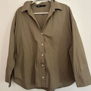 Zara Olive Button-Up Shirt  Long Sleeve Cotton